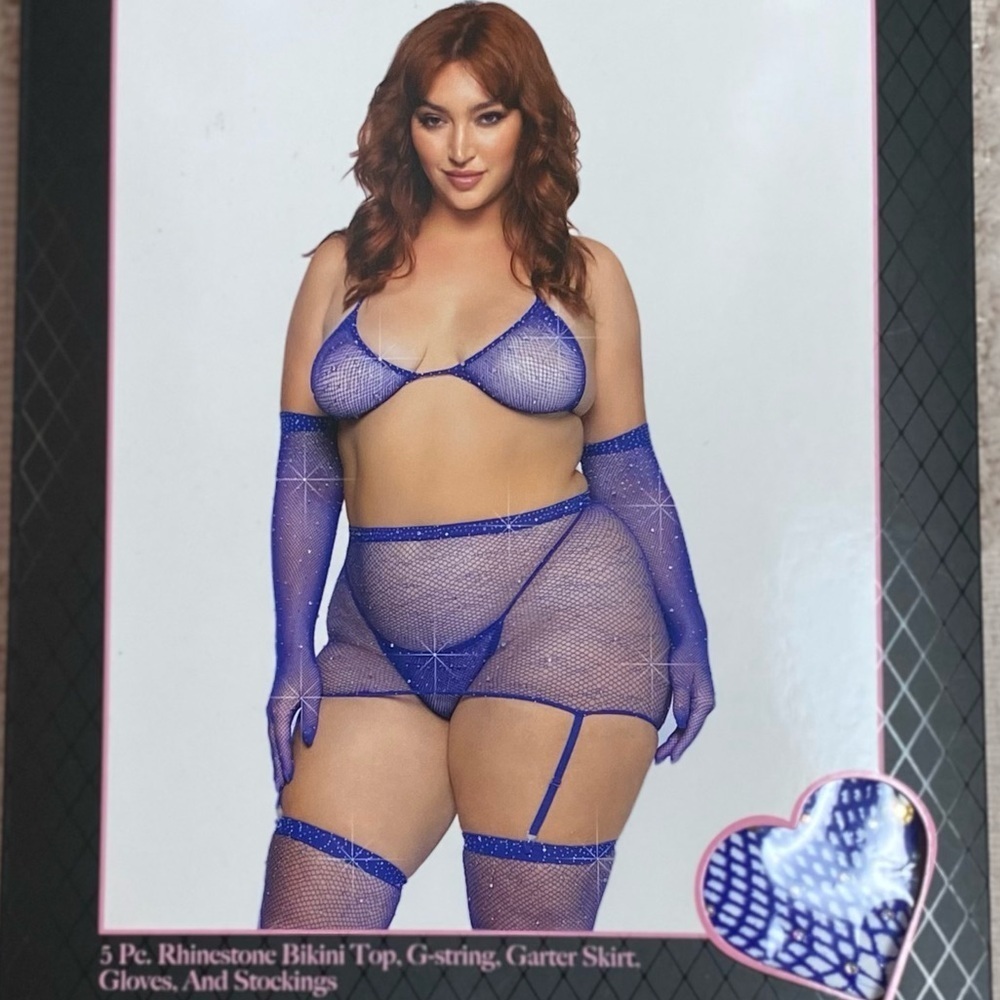 plus size Rave outfit 5 pc Rhinestone Fishnet set queen size - Picture 3 of 4